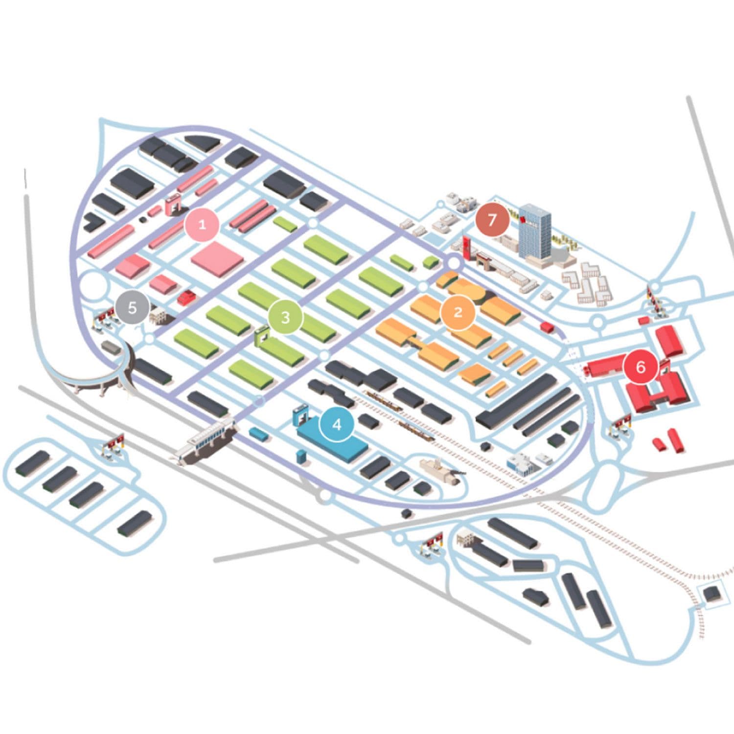 Plan du Marché de Rungis divisé en sept secteurs d'activités identifiables par couleurs